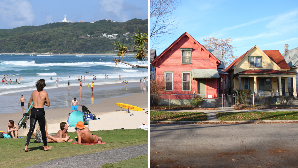 A composite image of Australians at the beach in Byron Bay and houses in Detroite to represent different socio-economic standings.