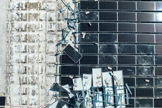 Broken down photovoltaic solar panels destroyed by hurricane Ian winds.<span class="copyright">Getty Images</span>