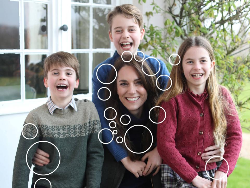 The image of Kate Middleton and her children that was released by Kensington Palance with white circles over several areas.