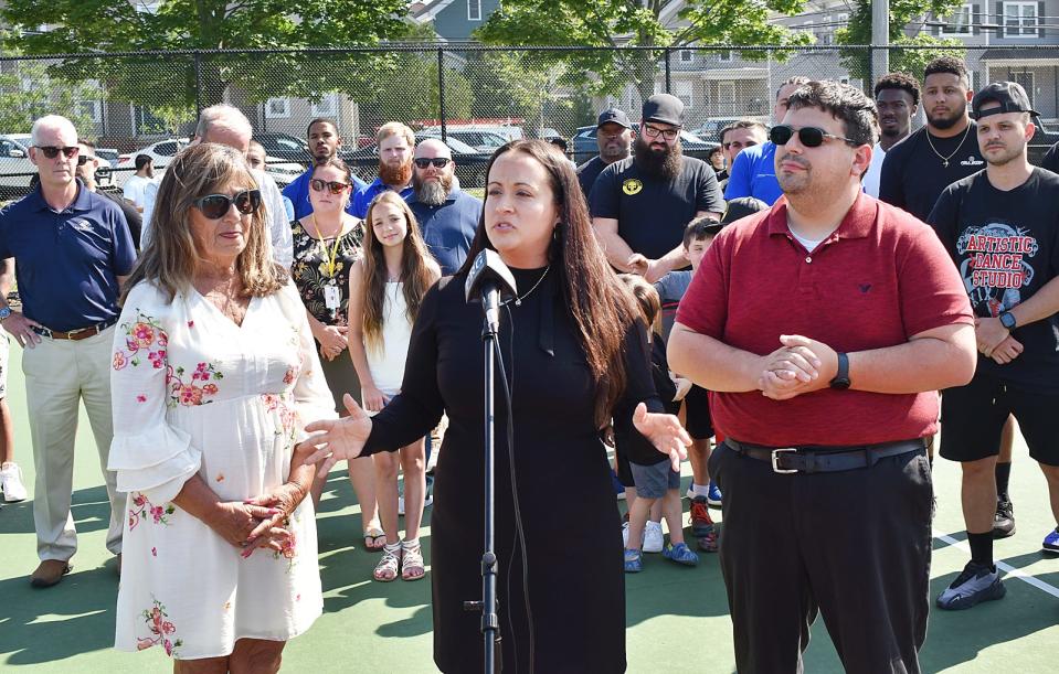 City Council members Linda Pereira, Laura Washington and Andrew Raposo speak at a press conference at Kennedy Park on Thursday, June 29, announcing the formation of the For Youth Initiative, a program using ARPA funds to pay for kids to join extracurricular activities by local businesses.