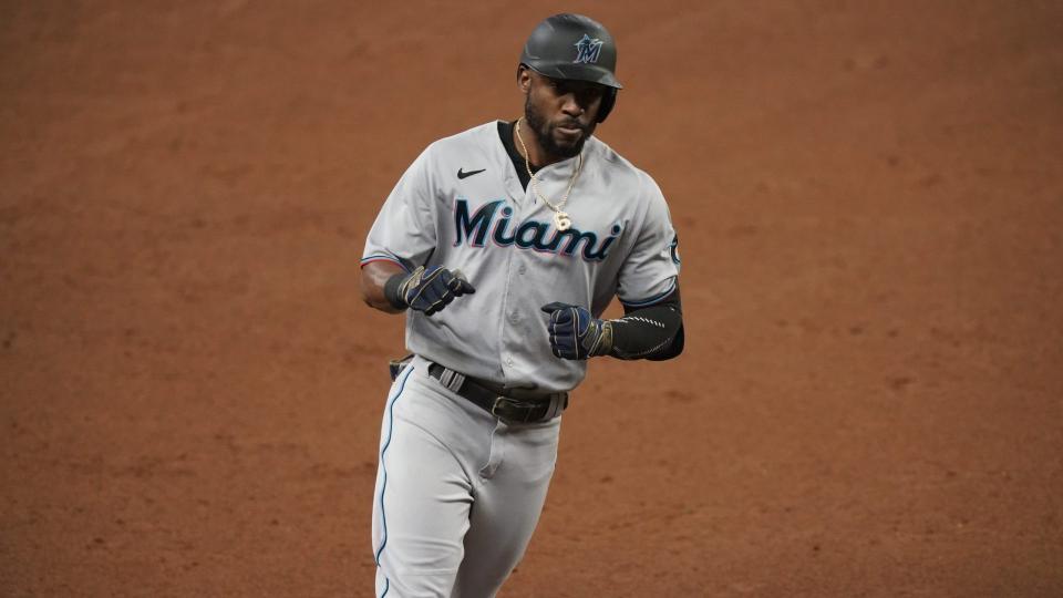 Mandatory Credit: Photo by Brynn Anderson/AP/Shutterstock (10785988q)Miami Marlins center fielder Starling Marte (6) in action during a baseball game against the Atlanta Braves on.