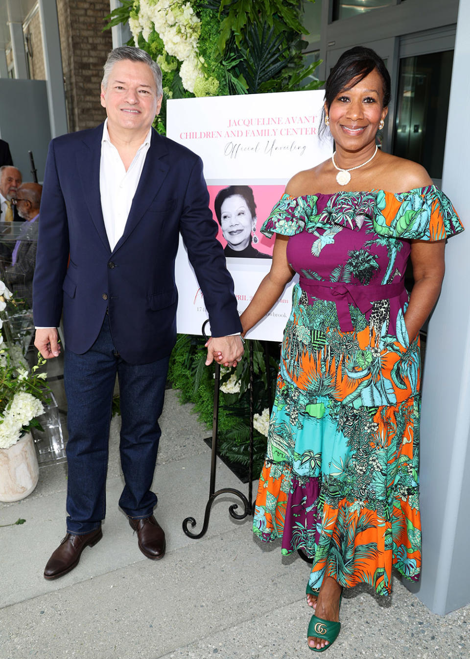 Ted Sarandos and Nicole Avant attend the official unveiling of The Jacqueline Avant Children and Family Center on April 28, 2023 in Los Angeles, California.