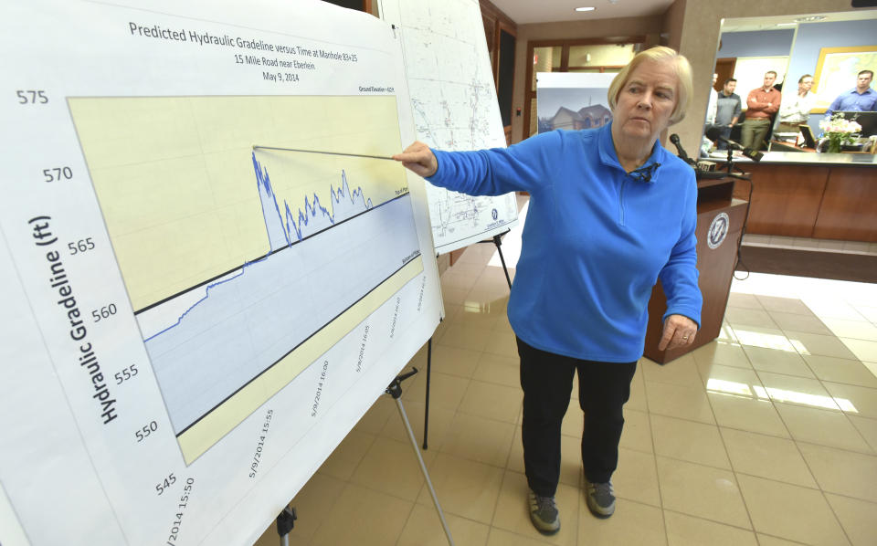 Macomb County Public Works Commissioner Candice Miller refers to a graph that represents a spike in high water pressure leading to the breakdown of the pipe during a news conference, Wednesday, Jan. 9, 2019, in the lobby of the her county public works offices in Clinton Township, Mich. Officials say a sinkhole north of Detroit that damaged homes and cost $75 million to fix was caused by human error that allowed the quick release of waste and water into a sewer line (Todd McInturf/Detroit News via AP)