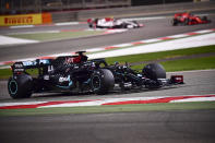 Mercedes driver Lewis Hamilton of Britain steers his car during the second free practice at the Formula One Bahrain International Circuit in Sakhir, Bahrain, Friday, Nov. 27, 2020. (Giuseppe Cacace, Pool via AP)