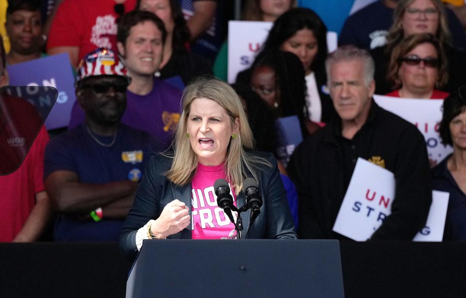 AFL-CIO President Liz Shuler speaks before President Joe Biden during Laborfest at the Summerfest grounds in Milwaukee on Monday, Sept. 5, 2022.