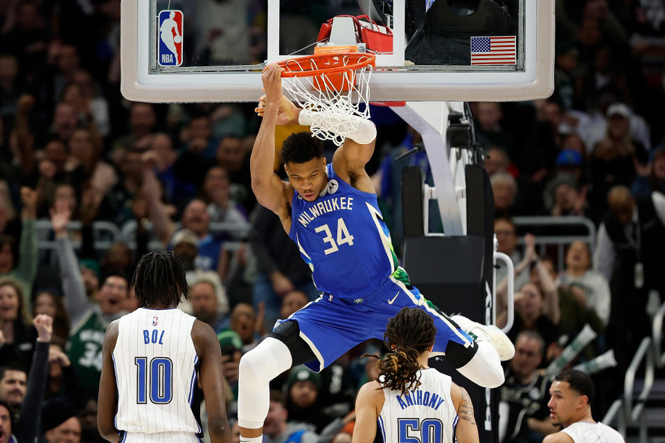 MILWAUKEE, WISCONSIN - MARCH 01: Giannis Antetokounmpo #34 of the Milwaukee Bucks dunks during the second half against the Orlando Magic at Fiserv Forum on March 01, 2023 in Milwaukee, Wisconsin. NOTE TO USER: User expressly acknowledges and agrees that, by downloading and or using this photograph, User is consenting to the terms and conditions of the Getty Images License Agreement. (Photo by John Fisher/Getty Images)