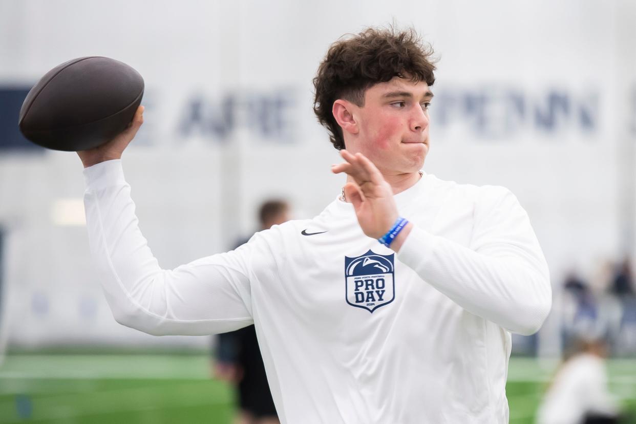 Sophomore quarterback Drew Allar warms up in Holuba Hall before helping out with Penn State's Pro Day on March 15, 2024, in State College.