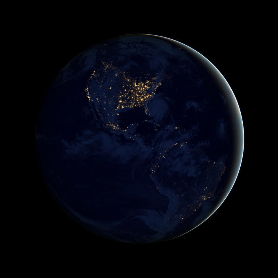 This image of North and South America at night is a composite assembled from data acquired by the Suomi NPP satellite in April and October 2012. The new data was mapped over existing Blue Marble imagery of Earth to provide a realistic view of the planet. (NASA)