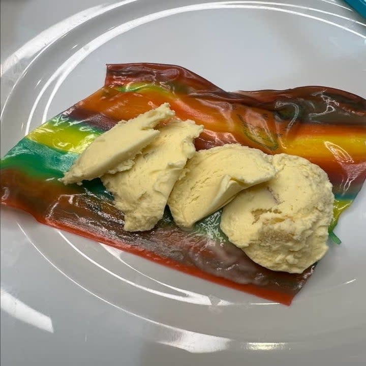 scoops of ice cream inside a fruit roll up