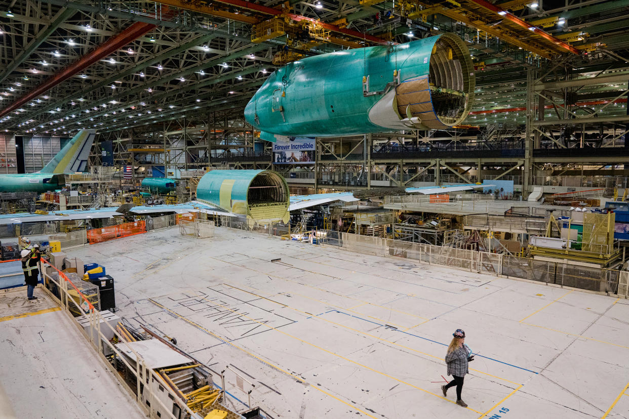 Jet fuselages at Boeing’s fabrication site in Everett, Wash., Sept. 28, 2022. (Jovelle Tamayo/The New York Times)