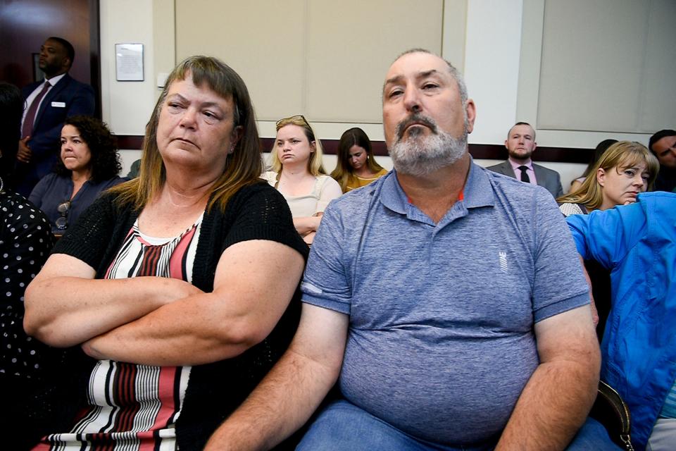 Chandra and Michael Murphey, family of Charlene Murphey, listen as Judge Jennifer Smith delivers a sentence in the case of RaDonda Vaught in Nashville, Tenn., on Friday, May 13, 2022.