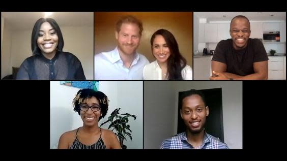 Prince Harry and Meghan joined four young leaders for the video call on 1 July (PA)