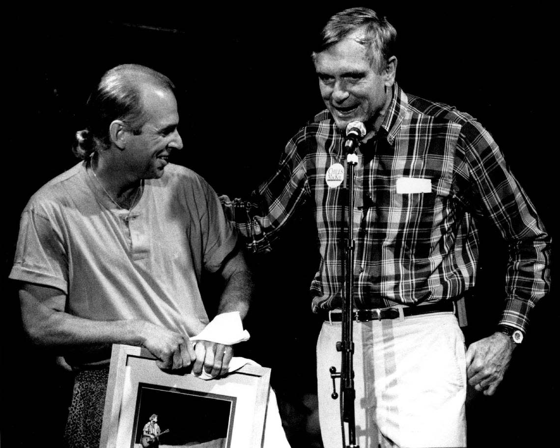 Jimmy Buffett and candidate for governor Lawton Chiles at the Sunrise Musical Theater in 1990.