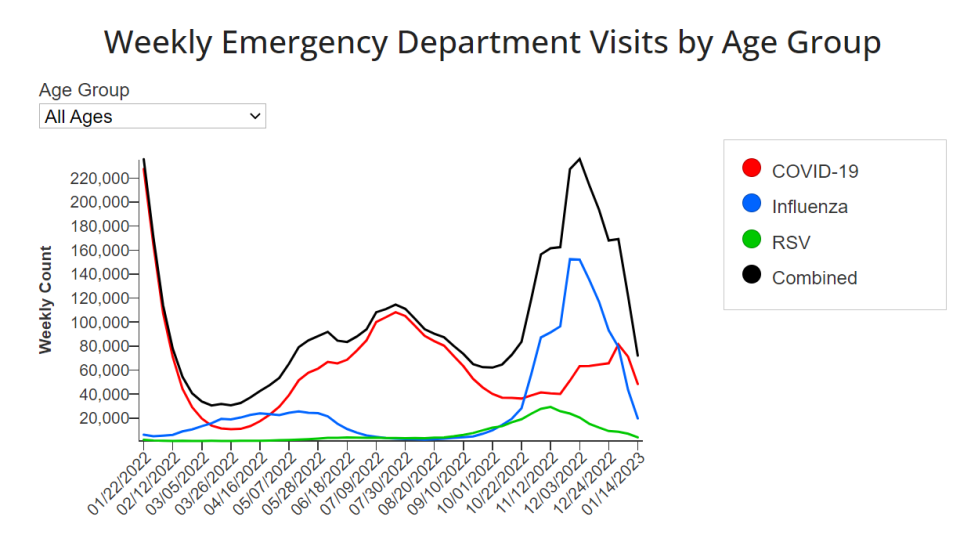 The number of visits to the ER for seasonal respiratory illnesses has dropped sharply since the beginning of 2023, according to CDC data.