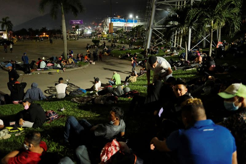 Hondurans take part in a new caravan of migrants, set to head to the United States, in San Pedro Sula