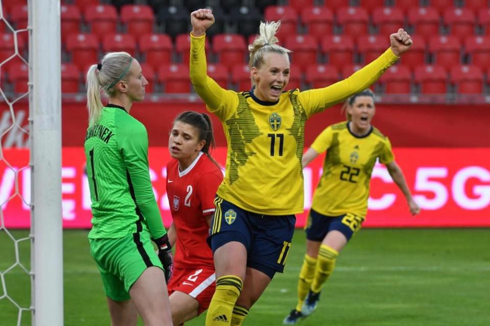 Sweden’s Stina Blackstenius celebrates after scoring against Poland.