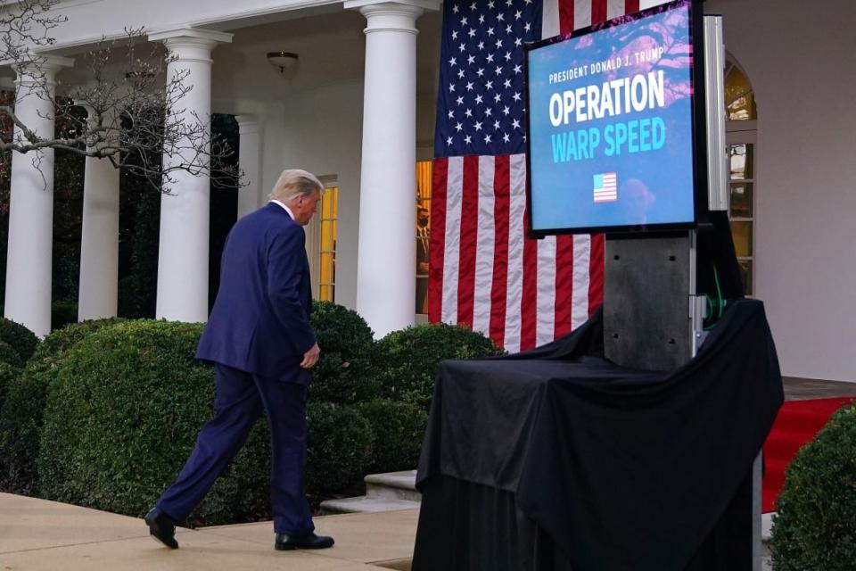 <div class="inline-image__caption"><p>President Donald Trump departs after delivering an update on Operation Warp Speed in the Rose Garden on Nov. 13, 2020.</p></div> <div class="inline-image__credit">Mandel Ngan/AFP via Getty</div>