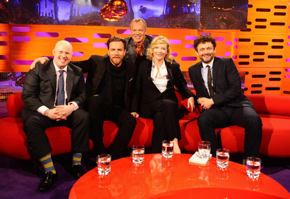 (left to right) Matt Lucas, Ewan McGregor, Graham Norton, Cate Blanchett and Michael Sheen during the filming for this week's edition of The Graham Norton Show,at the London Studios in London.