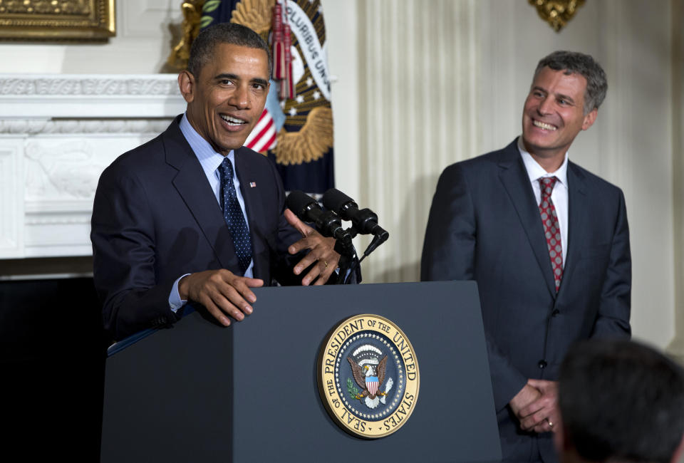 President Barack Obama gestures as he joke with outgoing chairman of his Council of Economic Advisers Alan Krueger in the State Dining Room of the White House in Washington, Monday, June 10, 2013. Obama has nominated Jason Furman, a veteran White House economic official, to replace Krueger, who is returning to Princeton University as tenured faculty member in the economics department. The council is one of two of the president's main sources of economic advice to the president. The other is the National Economic Council, where Furman currently serves as principal deputy director. (AP Photo/Evan Vucci)