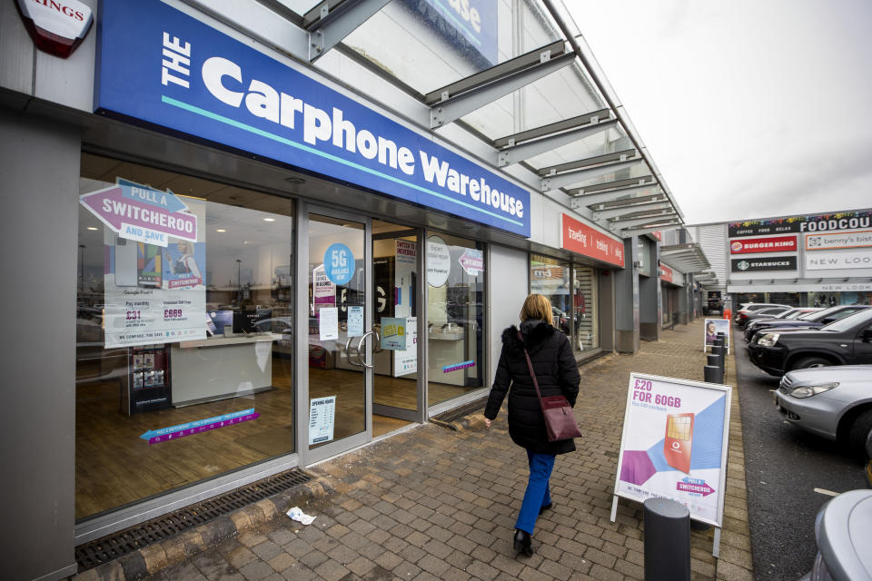 A Carphone Warehouse store on Boucher Road in Belfast, as nearly 3,000 jobs are being axed at Dixons Carphone after the retailer announced plans to shut all 531 of it???s standalone Carphone Warehouse mobile phone stores in the UK.