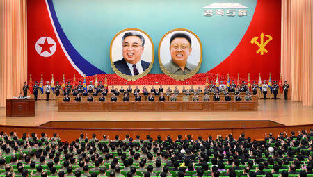 A general view of a national meeting took place to celebrate the 5th anniversary of leader Kim Jong Un's assumption of the top posts of the party and the state, in this undated photo released by North Korea's Korean Central News Agency (KCNA) in Pyongyang April 12, 2017. KCNA via REUTERS