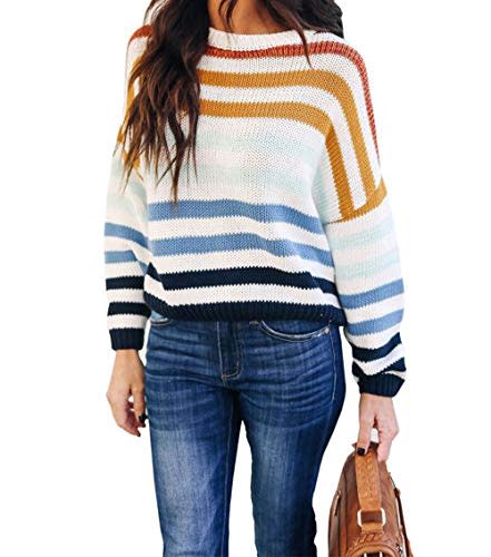 KIRUNDO Women's Strip Color Block Short Sweater Long Sleeves Stitching Color Round Neck Loose Pullovers Jumper Tops (Medium, 2014-Blue) (Amazon / Amazon)