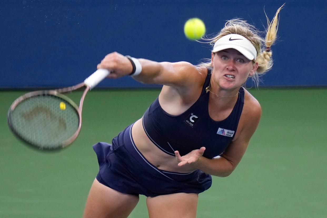 Peyton Stearns serves to Marketa Vondrousova during their round-of-16 match Monday at the U.S. Open. Stearns, who won the 2022 NCAA singles championship while starring at Texas, fell in three sets one round shy of the quarterfinals.