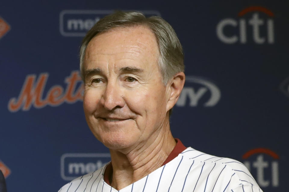 FILE - Jim McAndrew poses in New York Saturday, June 29, 2019. McAndrew died Thursday, March 14, 2024, at HonorHealth Scottsdale Shea Medical Center in Arizona after a brief illness, Mets spokesman Jay Horwitz said Friday. He was 80. (AP Photo/Frank Franklin II, File)