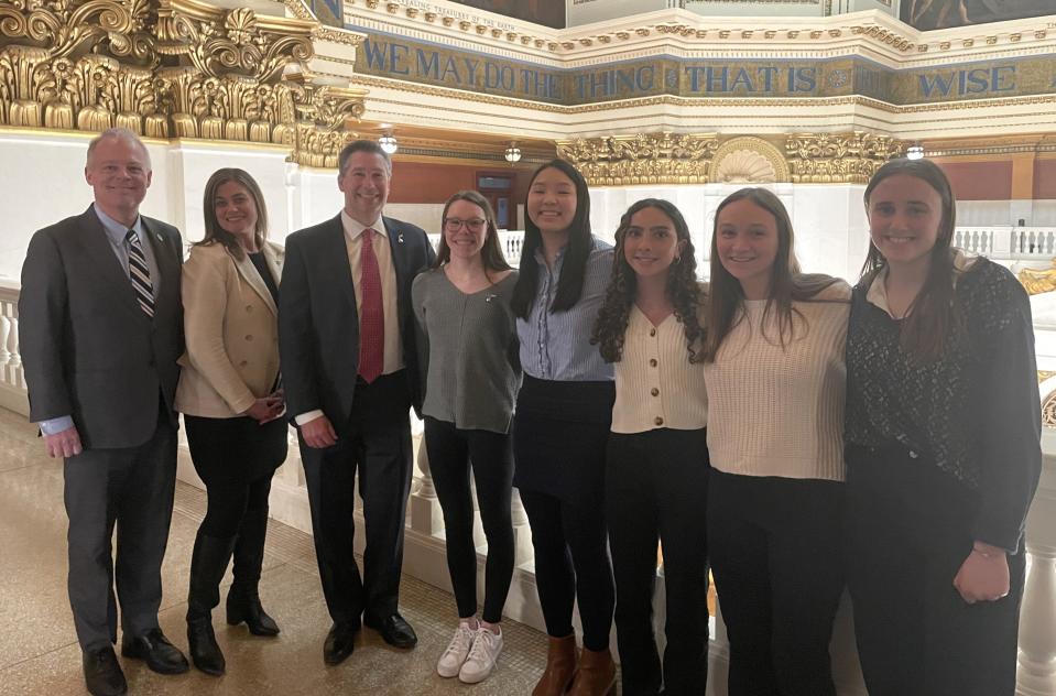 From left, State Rep. Perry Warren, State Rep. Kristin Marcell, State Rep. Tom Mehaffie and students from Council Rock School District visit the state Capitol in Harrisburg on Wednesday, March 27, 2024.