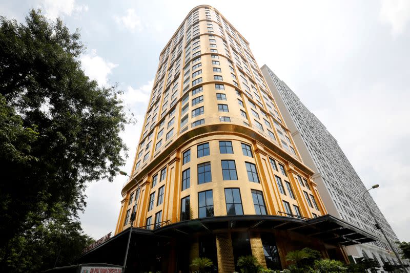 A view of the newly-inaugurated Dolce Hanoi Golden Lake hotel, which features gold plated exteriors and interiors, after the government eased a nationwide lockdown following the global outbreak of the coronavirus disease (COVID-19), in Hanoi