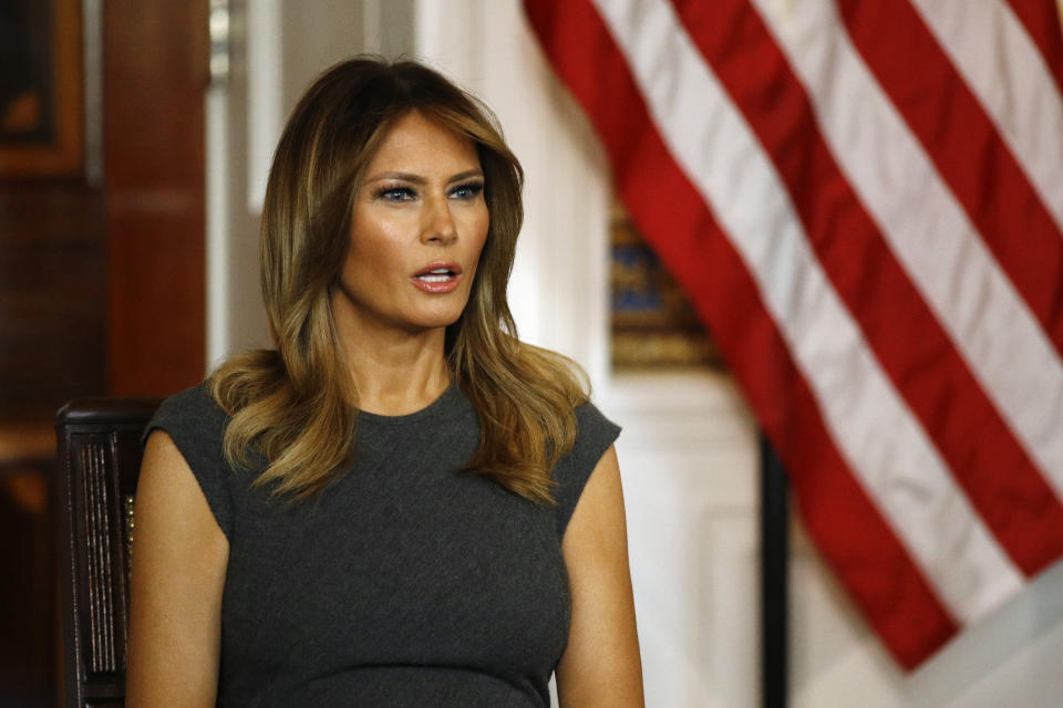 First lady Melania Trump speaks during a listening session with teenagers about their experiences with electronic cigarettes and vaping in the Blue Room of the White House, Wednesday, Oct. 9, 2019, in Washington. (AP Photo/Patrick Semansky)