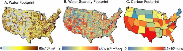 Map of data centre water footprint in the USA.