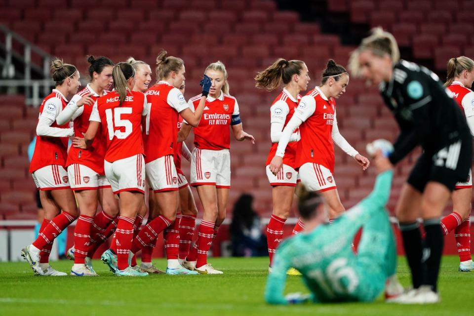 Vivianne Miedema is congratulated by her Arsenal team-mates after scoring against Juventus (Zac Goodwin/PA) (PA Wire)