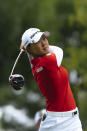 Minjee Lee, of Australia hits a shot during the last round of the Evian Championship women's golf tournament in Evian, eastern France, Sunday, July 25, 2021. (AP Photo)