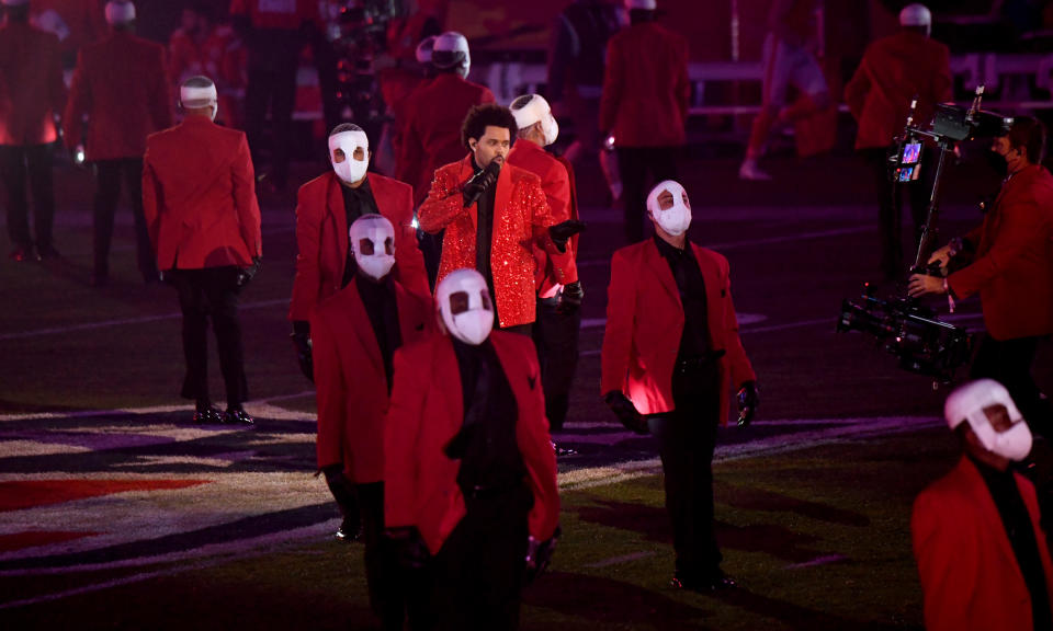 TAMPA, FLORIDA - FEBRUARY 07: The Weeknd performs onstage during the Pepsi Super Bowl LV Halftime Show at Raymond James Stadium on February 07, 2021 in Tampa, Florida. (Photo by Kevin Mazur/Getty Images for TW)