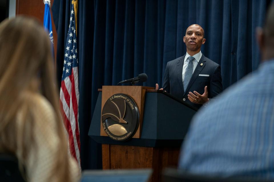 Orville Green, Special Agent in Charge of the U.S. Drug Enforcement Administration Detroit Field Division, gives a press conference on Oct. 5, 2022, in Detroit, relating to the dangers of rainbow fentanyl being seen on the streets.