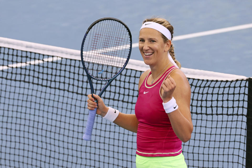 Victoria Azarenka of Belarus reacts after winning her quarter-final match against Jelena Ostapenko of Latvia during the Brisbane International tennis tournament in Brisbane, Australia, Friday, Jan. 5, 2024. (AP Photo/Tertius Pickard)