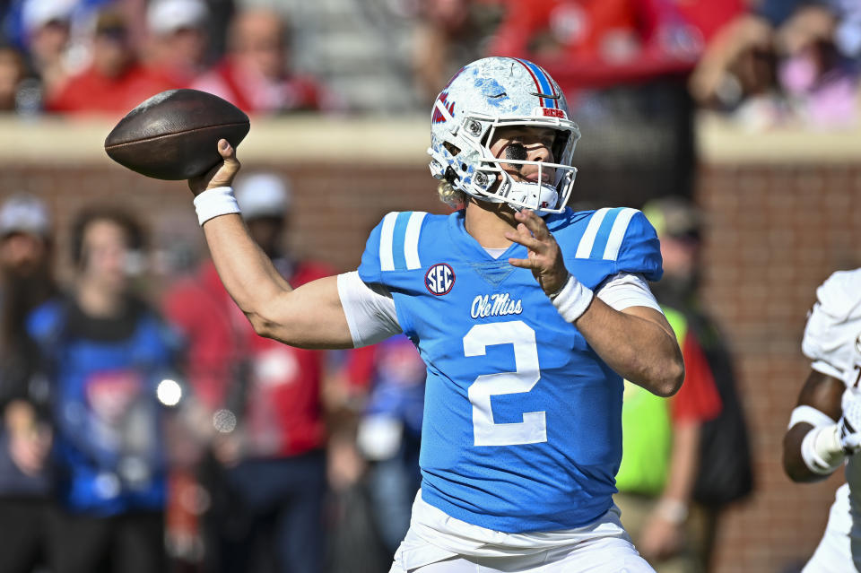 OXFORD, MS - NOVEMBER 04: Ole' Miss quarterback Jaxson Dart (2) in action during the college football game between the Texas A&M Aggies and the Ole' Miss Rebels on November 04, 2023 at Vaught-Hemingway Stadium in Oxford, MS. (Photo by Kevin Langley/Icon Sportswire via Getty Images)