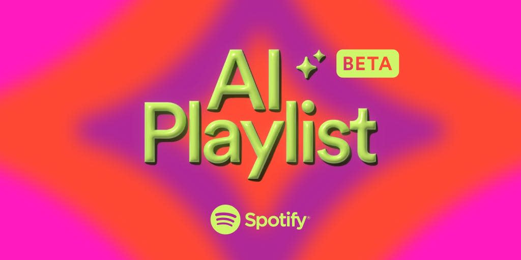 Spotify logo with lime green text that says AI Playlist with a small text box that says beta. There's a pink, red, and purple diamond-shaped background image.