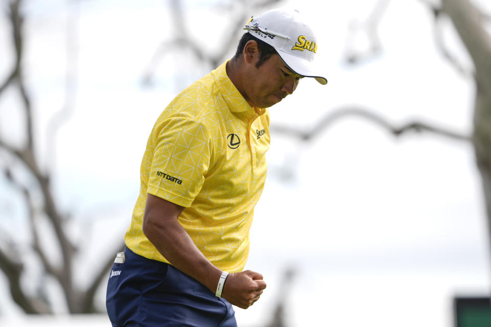 Hideki Matsuyama, of Japan, celebrates his shot on the 18th green during the final round of the Genesis Invitational golf tournament at Riviera Country Club, Sunday, Feb. 18, 2024, in the Pacific Palisades area of, Los Angeles. (AP Photo/Ryan Sun)