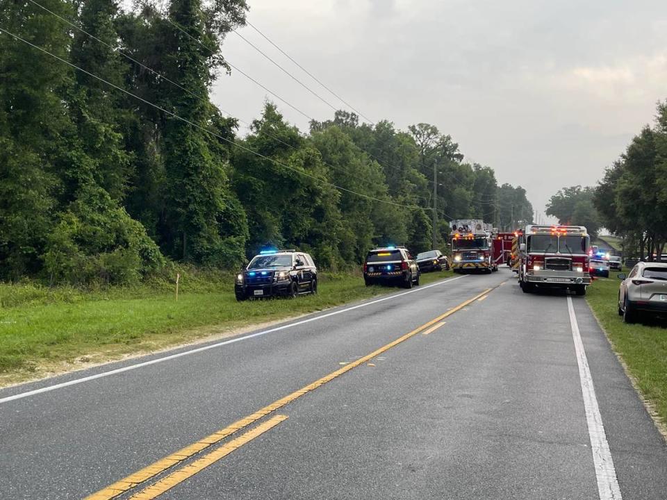 Emergency responders work at the scene of a bus accident where eight died and 45 were injured near Ocala, Florida, on May 14, 2024.