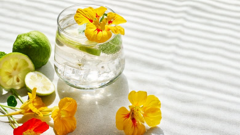 nasturtium flower garnish on drink
