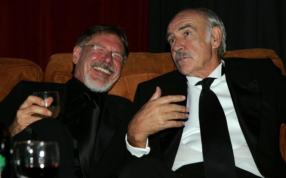 HOLLYWOOD, CA - JUNE 08:  Actors Sean Connery and Harrison Ford attend the after party for the 34th AFI Life Achievement Award tribute to Sir Sean Connery held at the Kodak Theatre on June 8, 2006 in Hollywood, California.  (Photo by Mark Mainz/Getty Images for AFI)