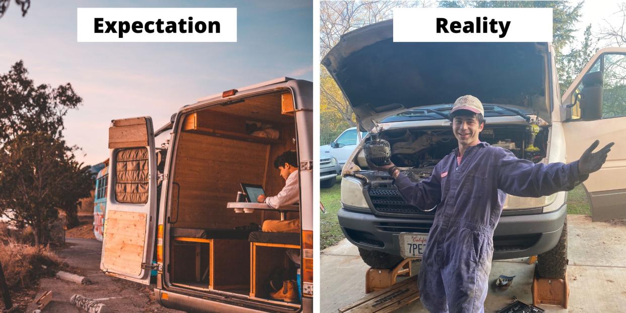 Two pictures of Colleluori: One of him relaxing in his van, and another of him repairing his van after a break down.