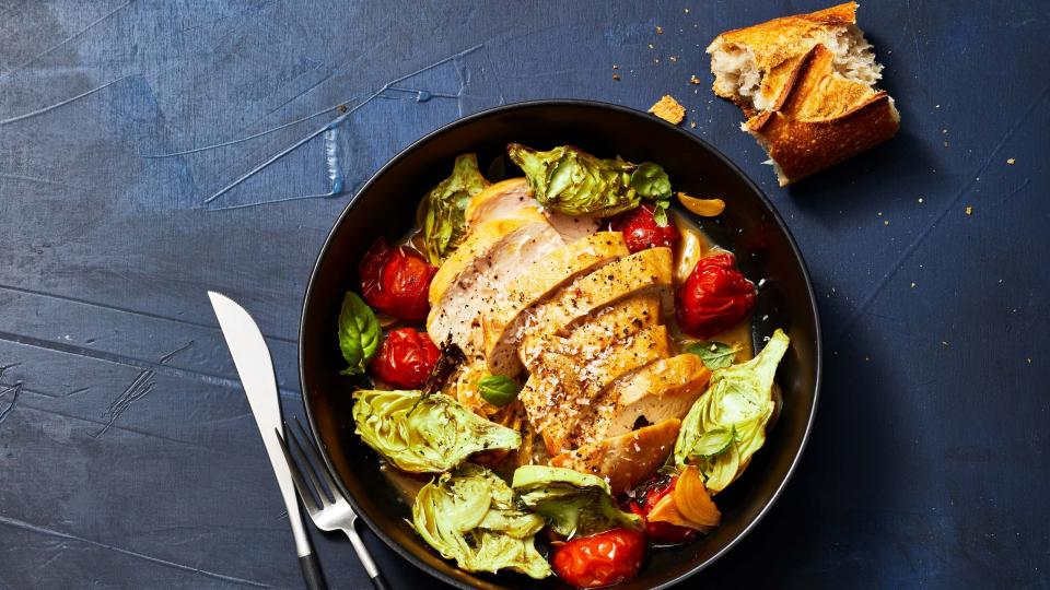 sauteed chicken and tomatoes with roasted artichokes