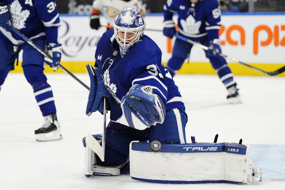 Toronto Maple Leafs goaltender Ilya Samsonov (35) makes a save against the Anaheim Ducks during the third period of an NHL hockey game in Toronto on Tuesday, Dec. 13, 2022. (Frank Gunn/The Canadian Press via AP)