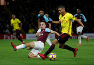 Soccer Football - Premier League - Watford vs West Ham United - Vicarage Road, Watford, Britain - November 19, 2017 West Ham United's Pablo Zabaleta in action with Watford's Richarlison REUTERS/Eddie Keogh