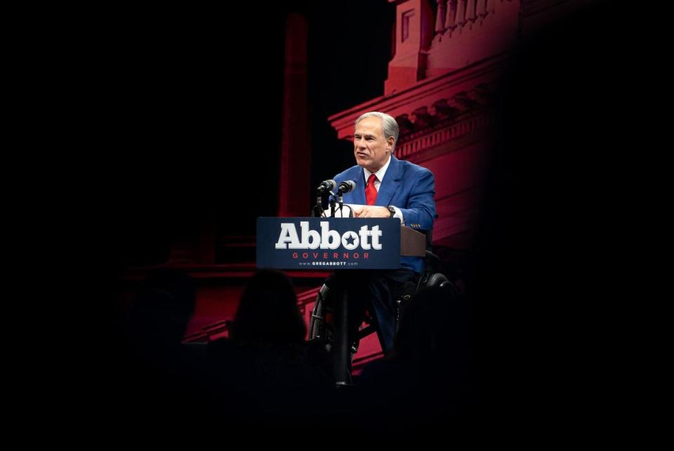 Gov. Greg Abbott speaks at the NRA Leadership Forum at the Kay Bailey Hutchison Convention Center in Dallas on May 18, 2024.