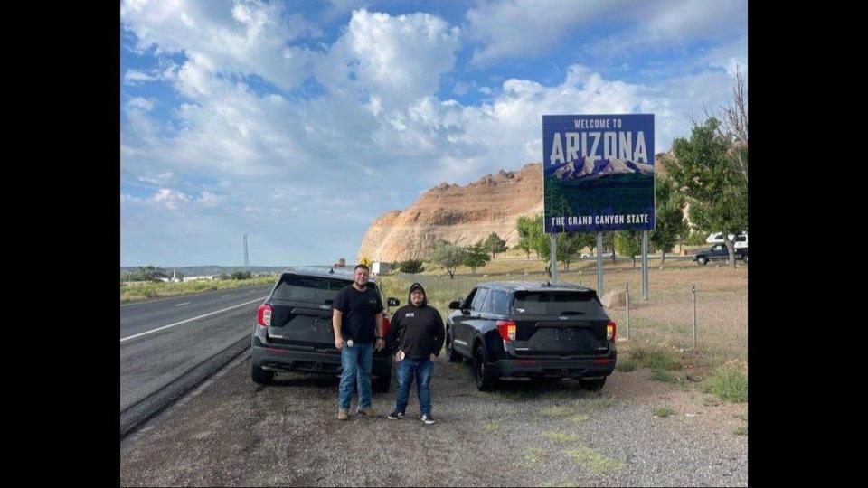 Three Gustine Police Department Reserve Officers driving newly acquired vehicles to California on Monday, Sept. 11, 2023, stopped and pulled a motorist from a crashed vehicle in Arizona, according to the Gustine Police Department. Image courtesy of Gustine Police Department.