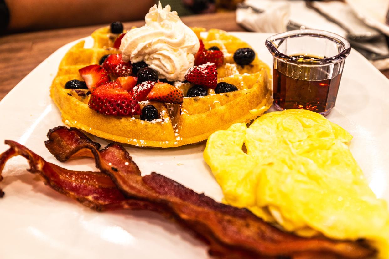 Jimmy's Egg Griddle Combo lets costumers pick between Buttermilk Pancakes, a Belgian Waffle , or French Toast with a side of two eggs and choice of Hardwood Smoked Ham, Slow-Smoked Bacon, or Sausage.